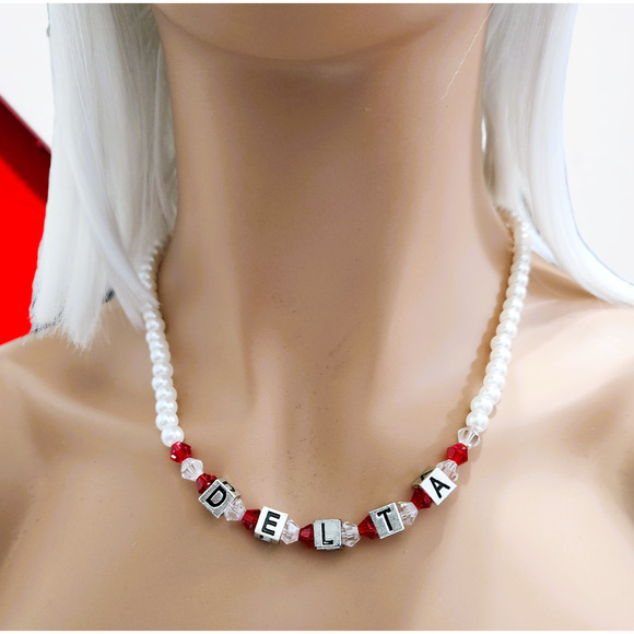 Delta Sigma Theta Jewelry Necklace Earrings & bracelet Set Red and white Pearls - Picture 3 of 6